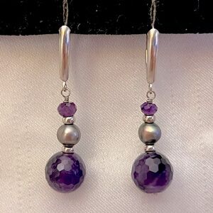14K White Gold, Black Pearl, and Purple Gemstone Briolette Earrings